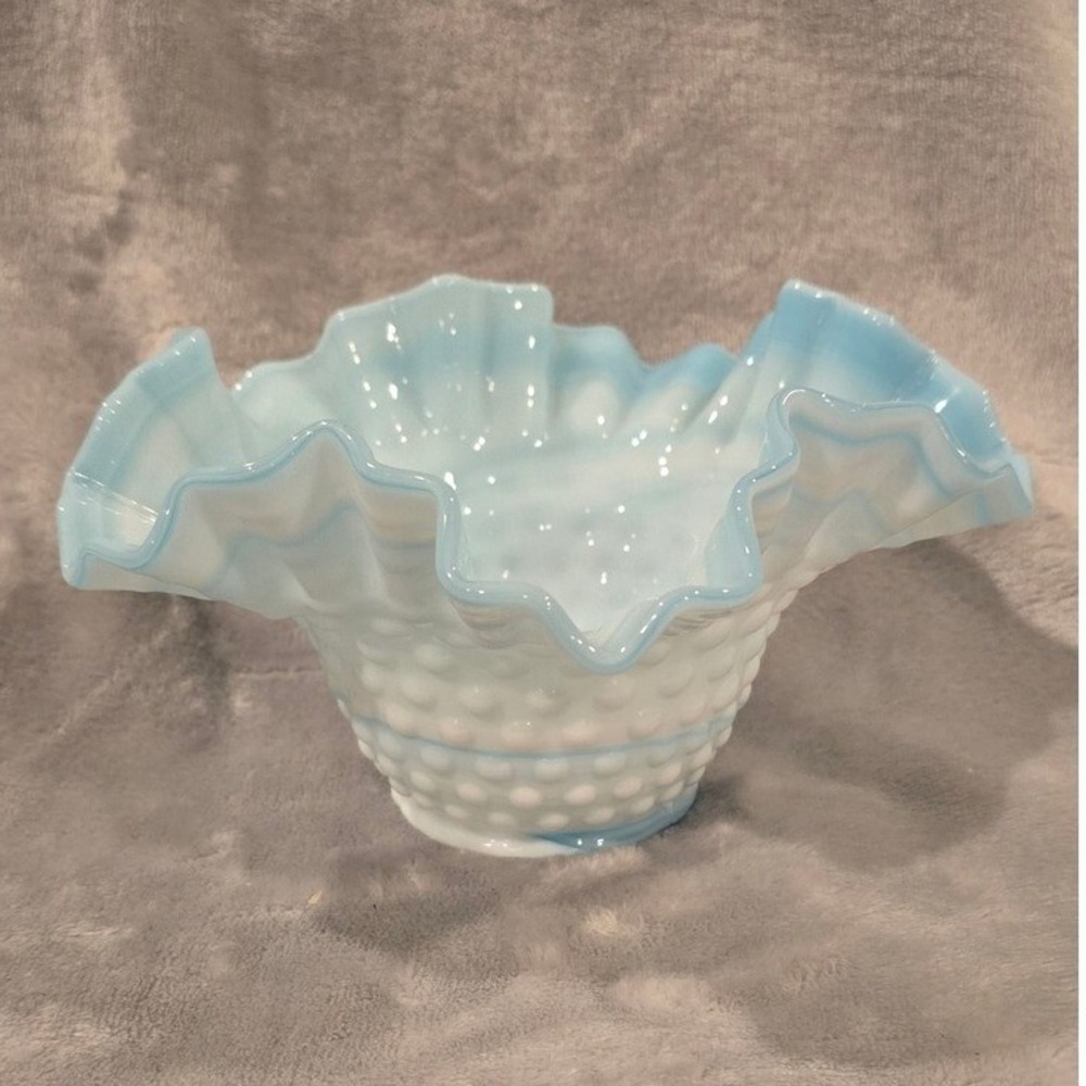 Vintage Kanawha Blue‎ and White Hobnail Slag Bowl with Ruffled Edges